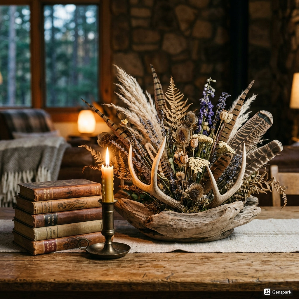 Woodland Relic Centerpiece – Natural Skull & Dried Floral Arrangement